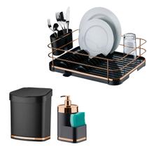 Kit Escorredor Louça Lixeira 2,5L Dispenser Porta Detergente Organizadores Pia Cozinha Preto Cobre Rose Gold - Future