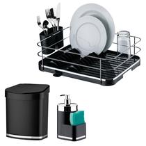 Kit Escorredor Louça Lixeira 2,5L Dispenser Porta Detergente Organizadores Pia Cozinha Preto Cromado - Future