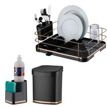Kit Escorredor Louça Lixeira 2,5L Porta Detergente Organizadores de Pia Cozinha Preto Cobre Rose Gold - Future