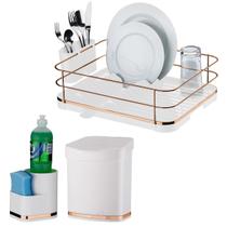 Kit Escorredor Louça Lixeira 2,5L Porta Detergente Rose Gold