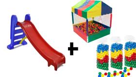 Kit Escorregador Médio vermelho c/ azul + Piscina de bolinhas 1,00x1,00 com 150 Bolinhas - Valentina Brinquedos