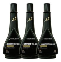 Kit Escova Acetinada 500ml Raiz Latina Profissional 3 Fases Shampoo Reconstrutor Máscara Tratamento