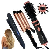 Kit escova alisadora secadora rotativa e chapinha titanium e tri iondas liss