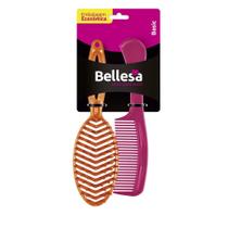 Kit escova cabelo bellesa rigida oval+pente cabo largo pp - diversas cores