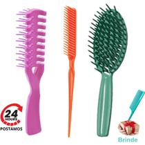 Kit Escova Cabelo Esqueletada Desembaraçar Secar, Pente 3 Fileiras Fitagem Escova Raquete Vazada