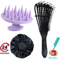 Kit Escova Cabelo Polvo Cacheado Cachos, Escova Massageadora Capilar, Touca Cetim Anti Frizz Dormir