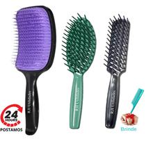 Kit Escova Cabelo Raquete Cerda Flexível Finalizar + 2 Raquetes Vazada Cerdas Firmes Desembaraçar