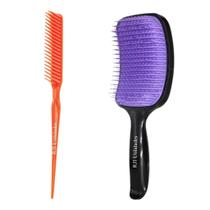 Kit Escova Cabelo Raquete Cerdas Flexiveis para Alinhamento e Desembaraçar Pente 3 Fileiras Fitagem