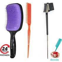 Kit Escova Cabelo Raquete, Pente 3 Fileiras Fitagem, Pente Bay Hair 3 em 1 ponta fina aço metálica