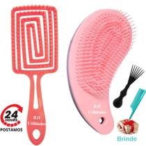 Kit Escova Cabelo Raquete Vazada Flexível Fitagem Desembaraçar + Escova Magica Cerdas Dupla Altura