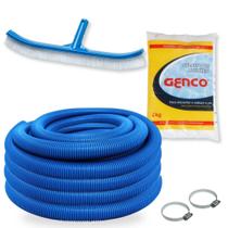 Kit Escova Curva 45,7 Cm + Mangueria 38mm 10m Azul + Sulfato de Aluminio Decantador Piscinas Fibra/ Alvenaria