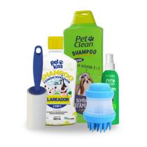 Kit Escova de Banho Pet + Rolo Tira Pelos + Shampoo Vitaminas 700ml + Clareador 500ml + Perfume Pet