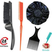 Kit Escova de Cabelo 5 Fileiras + Pente 3 Fileiras Fitagem + Touca de Cetim Preta + Pente Garfo