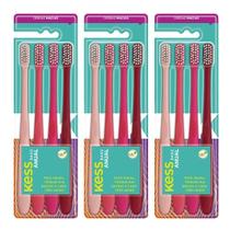Kit Escova de Dente Kess Basic Cerdas Macias Nylon Rosa com 12 Unidades