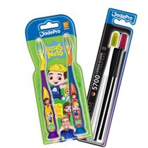 Kit Escova Dental 2 Pro Slim cerdas Alemãs Adulto + 2 Luccas Neto Infantil Com Ventosa E Limpador De Língua Jadepro