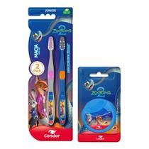 Kit Escova Dental Infantil Macia 2 Unidades + Fio Dental com Cera Tutti-Frutti 25m Zootopia 2 Condor