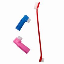 Kit Escova Dental Pet 3 Peças com 2 Dedeiras e Escova Dupla para Cães e Gatos