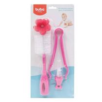 Kit Escova E Pinça Para Mamadeira Rosa - BUBA