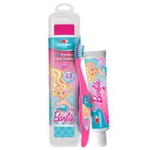 Kit Escova Extra Macia Pasta de Dente Com Fluor Tutti Frutti 50g Com Estojo Barbie Condor 2 a 5 Anos