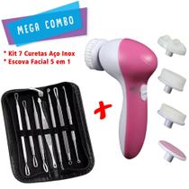 Kit Escova Facial 5 Acessórios + Extrator Curetas Tira Cravos Espinhas 7 Peças - Beauty Skin Care