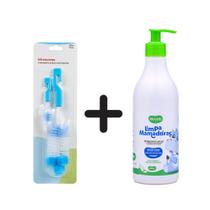 Kit Escova Mamadeira e Bico + Detergente 500 ml Lava Louça Copo Garrafa Multiuso Mãe