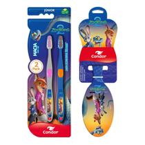 Kit Escova para Cabelo Oval + Escova Dental Infantil Macia 2 Unid Zootopia 2 Condor