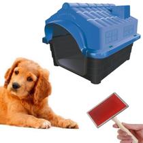 Kit Escova Profissional Tira Pelo Dogs + Casinha Pet N3 Azul