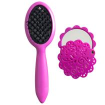 Kit Escova Rosa para cabelo Infantil com Espelho Inquebrável