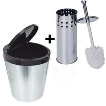 Kit Escova Sanitária Banheiro Inox + Cesto de Lixo 10 Tampa Click