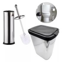 Kit Escova Sanitaria Com Suporte + Lixeira 9 Litros C/ Tampa Click