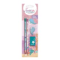 Kit Escrita Leonora Fundo do Mar com 2 Lápis Grafites HB Nº2, 1 Borracha e 1 Apontador