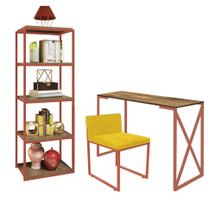 Kit Escritório Bex 1 Cadeira material sintético Amarelo com 1 Mesa e 1 Livreiro Ferro Bronze MDF Carvalho - Ahazzo Móveis