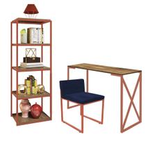 Kit Escritório Bex 1 Cadeira material sintético Azul Marinho com 1 Mesa e 1 Livreiro Ferro Bronze MDF Demolição - Ahazzo Móveis