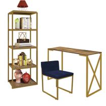 Kit Escritório Bex 1 Cadeira material sintético Azul Marinho com 1 Mesa e 1 Livreiro Ferro Dourado MDF Demolição - Ahazzo Móveis