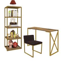 Kit Escritório Bex 1 Cadeira material sintético Marrom com 1 Mesa e 1 Livreiro Ferro Dourado MDF Freijó - Ahazzo Móveis