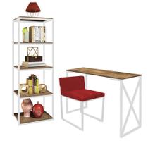 Kit Escritório Bex 1 Cadeira material sintético Vermelho com 1 Mesa e 1 Livreiro Ferro Branco MDF Caramelo - Ahazzo Móveis