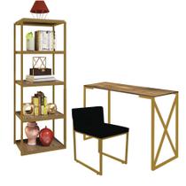 Kit Escritório Bex 1 Cadeira Sintético Preto com 1 Mesa e 1 Livreiro Ferro Dourado MDF Caramelo - Ahazzo Móveis