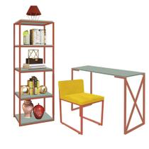 Kit Escritório Bex 1 Cadeira Suede Amarelo com 1 Mesa e 1 Livreiro Ferro Bronze MDF Verde Oliva - Ahazzo Móveis