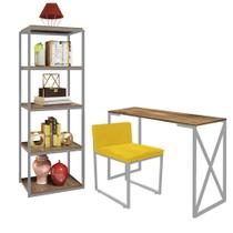 Kit Escritório Bex 1 Cadeira Suede Amarelo com 1 Mesa e 1 Livreiro Ferro Cinza MDF Carvalho - Ahazzo Móveis