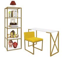 Kit Escritório Bex 1 Cadeira Suede Amarelo com 1 Mesa e 1 Livreiro Ferro Dourado MDF Branco - Ahazzo Móveis