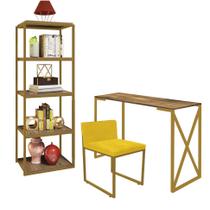 Kit Escritório Bex 1 Cadeira Suede Amarelo com 1 Mesa e 1 Livreiro Ferro Dourado MDF Freijó - Ahazzo Móveis