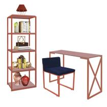 Kit Escritório Bex 1 Cadeira Suede Azul Marinho com 1 Mesa e 1 Livreiro Ferro Bronze MDF Rose Rosa - Ahazzo Móveis