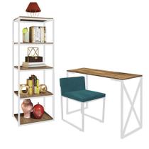 Kit Escritório Bex 1 Cadeira Suede Azul Turquesa com 1 Mesa e 1 Livreiro Ferro Branco MDF Castanho - Ahazzo Móveis