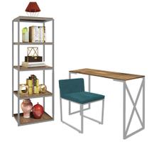 Kit Escritório Bex 1 Cadeira Suede Azul Turquesa com 1 Mesa e 1 Livreiro Ferro Cinza MDF Imbuia - Ahazzo Móveis