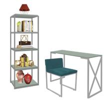 Kit Escritório Bex 1 Cadeira Suede Azul Turquesa com 1 Mesa e 1 Livreiro Ferro Cinza MDF Verde Oliva - Ahazzo Móveis