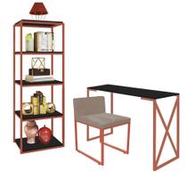 Kit Escritório Bex 1 Cadeira Suede Bege com 1 Mesa e 1 Livreiro Ferro Bronze MDF Preto - Ahazzo Móveis