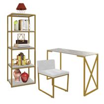 Kit Escritório Bex 1 Cadeira Suede Branco com 1 Mesa e 1 Livreiro Ferro Dourado MDF Marmorizado Cinza - Ahazzo Móveis