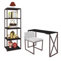 Kit Escritório Bex 1 Cadeira Suede Branco com 1 Mesa e 1 Livreiro Ferro Marrom MDF Preto - Ahazzo Móveis