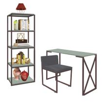 Kit Escritório Bex 1 Cadeira Suede Cinza com 1 Mesa e 1 Livreiro Ferro Marrom MDF Verde Oliva - Ahazzo Móveis