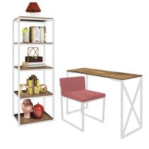 Kit Escritório Bex 1 Cadeira Suede Rose com 1 Mesa e 1 Livreiro Ferro Branco MDF Imbuia - Ahazzo Móveis